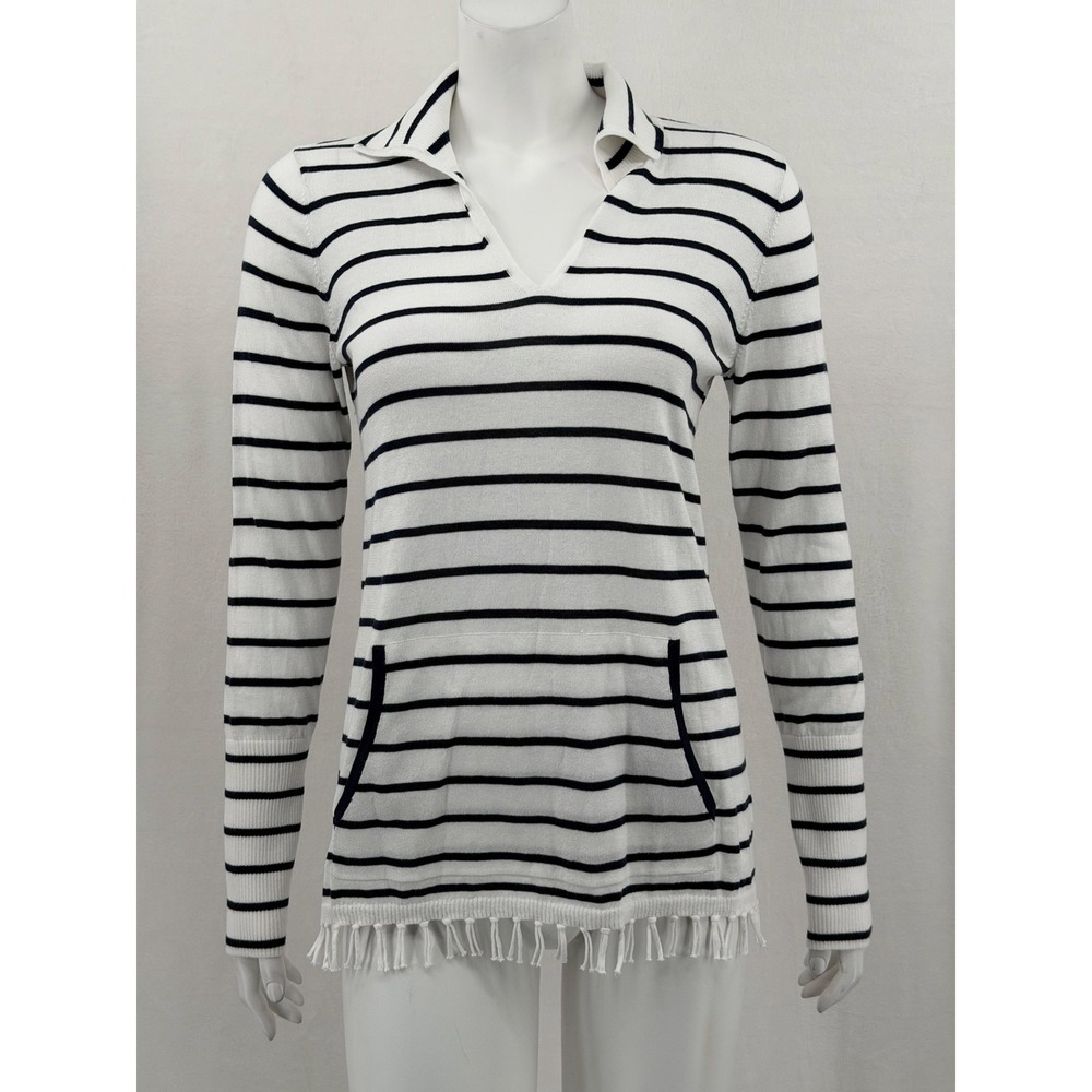 Lilly Pulitzer Sweater Womens‎ Small White Navy Stripe Crestwood Fringe Nautical